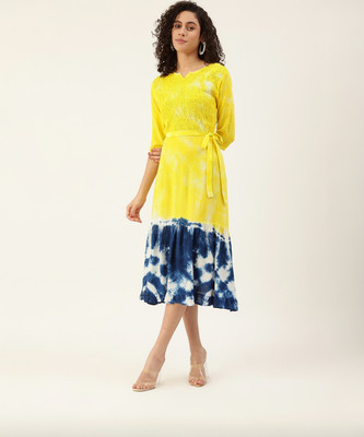 maaesa Women Asymmetric Multicolor Midi/Calf Length Dress