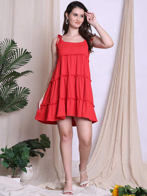 NEUDIS Women A-line Red Midi/Calf Length Dress