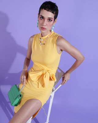 Azzurra Women Fit and Flare Yellow Above Knee/Mid Thigh Length Dress