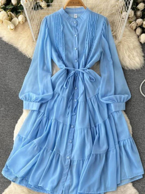 S P STOUR Women Fit and Flare Light Blue Midi/Calf Length Dress