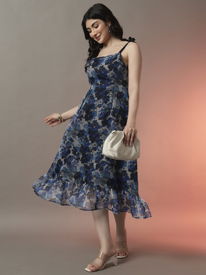 TREND ARREST Women Fit and Flare Blue Midi/Calf Length Dress
