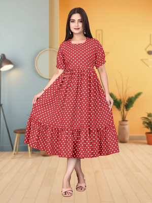 HIT FASHION HUB Women Fit and Flare Red Midi/Calf Length Dress
