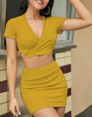 SWEVENFASHION Women Two Piece Dress Yellow Above Knee/Mid Thigh Length Dress