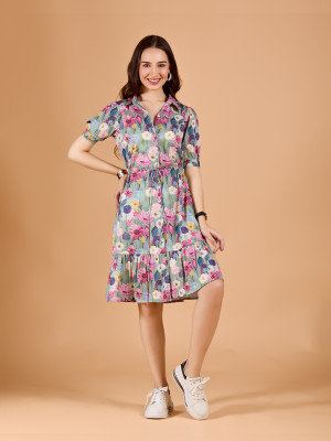 AmarAsha Women Fit and Flare Green, Multicolor Midi/Calf Length Dress