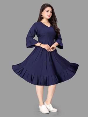 HOUSE OFF COMMON Women A-line Dark Blue Knee Length Dress