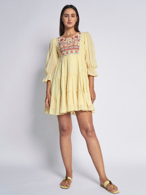 Dressberry Women Fit and Flare Yellow Above Knee/Mid Thigh Length Dress