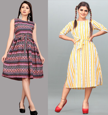 tanvi creation Women Fit and Flare Multicolor Below Knee Dress