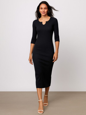 SASSAFRAS Women Bodycon Black Midi/Calf Length Dress
