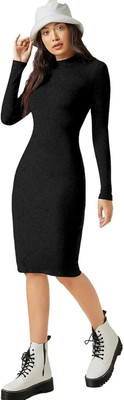 DESIGN PLUS FASHION Women Bodycon Black Below Knee Dress