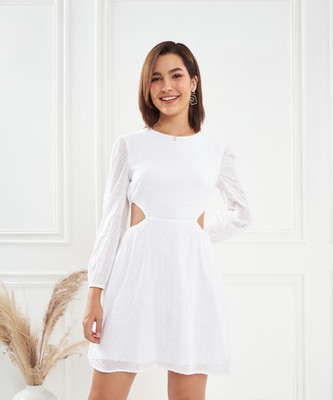 KASSUALLY Women Fit and Flare White Above Knee/Mid Thigh Length Dress