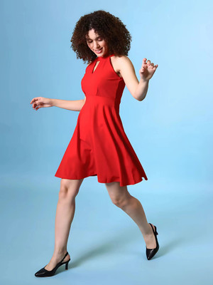 SHCON Women Fit and Flare Red Below Knee Dress