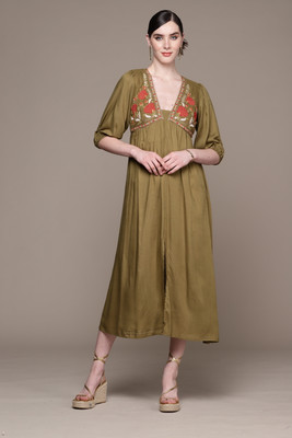 aarke Ritu Kumar Women Fit and Flare Green Midi/Calf Length Dress