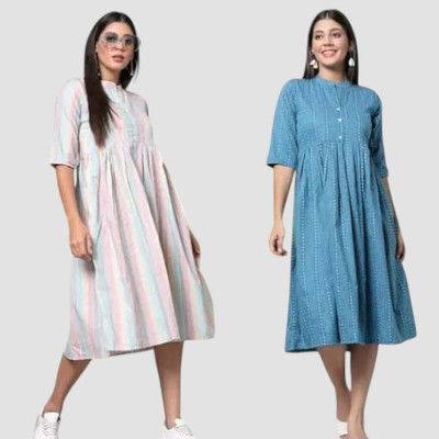 Rangrasiya Creation Women Fit and Flare Blue, White Knee Length Dress