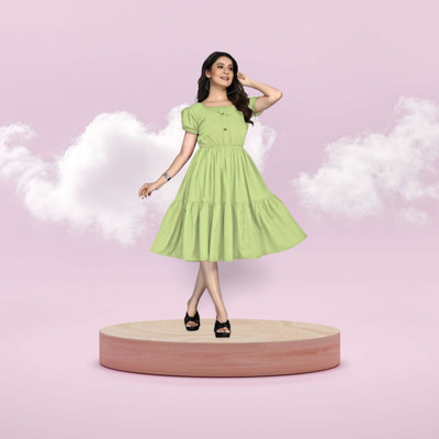 HouseOfCommon Women Fit and Flare Green Knee Length Dress