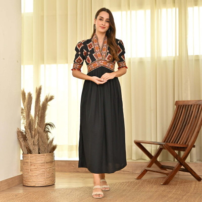 Shopirio Women Printed Flared Kurta(Black)