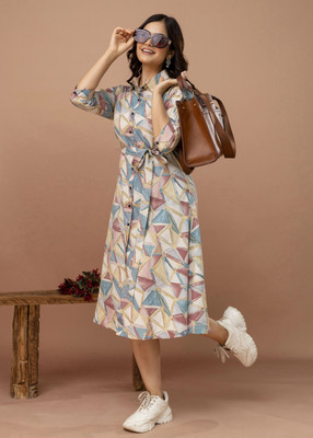 Pehnava Point Women A-line Multicolor Midi/Calf Length Dress