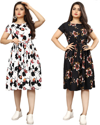 HouseOfCommon Women Fit and Flare Black, White Below Knee Dress