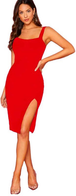 ladik way Women Bodycon Red Midi/Calf Length Dress
