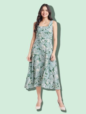 KAUTAQI Women Ethnic Dress Green Midi/Calf Length Dress