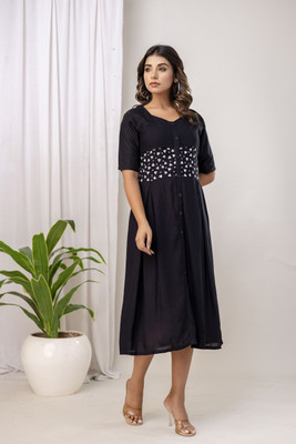 VastraaMall Women Fit and Flare Black Midi/Calf Length Dress