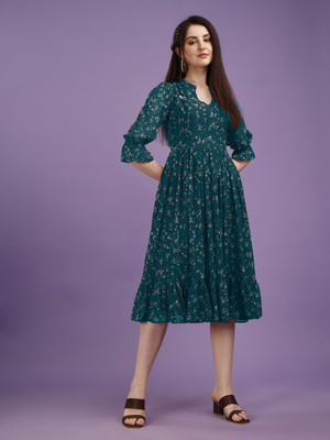 Herway Women Fit and Flare Multicolor Midi/Calf Length Dress
