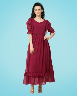 MISS AYSE Women Fit and Flare Maroon Dress