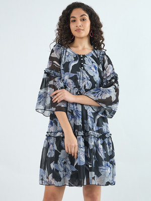 HouseOfCommon Women Fit and Flare Black Above Knee/Mid Thigh Length Dress