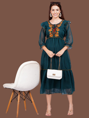 sana fashion Women Fit and Flare Green Midi/Calf Length Dress