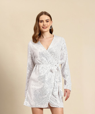 Mast & Harbour Women Wrap White Above Knee/Mid Thigh Length Dress
