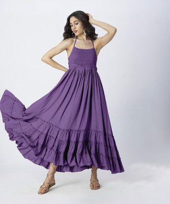 moomaya Women Fit and Flare Purple Maxi/Full Length Dress
