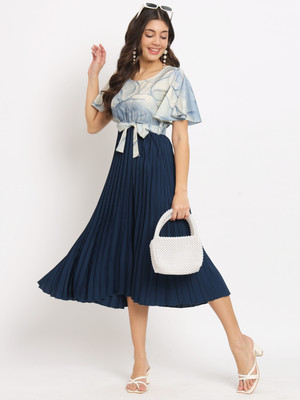 OTABU Women Fit and Flare Dark Blue, Light Blue, White Midi/Calf Length Dress