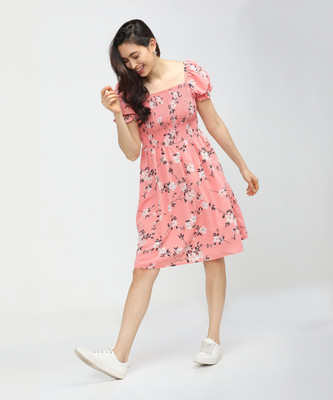 Tokyo Talkies Women Skater Pink Midi/Calf Length Dress