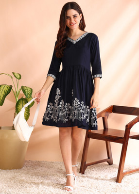 New Ethnic 4 You Women Fit and Flare Blue Above Knee/Mid Thigh Length Dress
