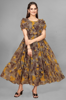 Parth Creation Women Fit and Flare Yellow Maxi/Full Length Dress