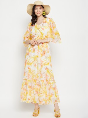 BITTERLIME Women Fit and Flare Yellow, Pink, White Dress