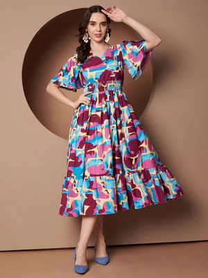 ZWERLON Women A-line Multicolor Midi/Calf Length Dress