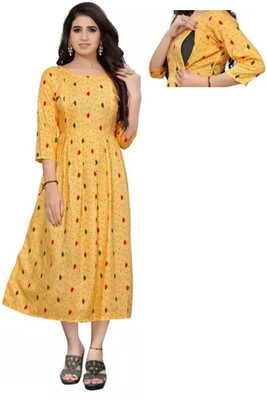 Zodeox Women Fit and Flare Green, Yellow, Red Midi/Calf Length Dress