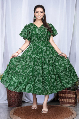 HEER Women Fit and Flare Green Maxi/Full Length Dress