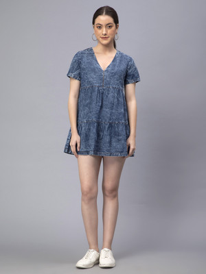 DRAPE AND DAZZLE Women Fit and Flare Dark Blue Above Knee/Mid Thigh Length Dress