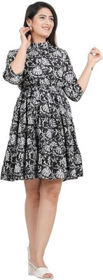 ARJJRA Women Fit and Flare Black Above Knee/Mid Thigh Length Dress