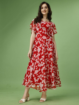 HouseOfCommon Women Fit and Flare Red Maxi/Full Length Dress