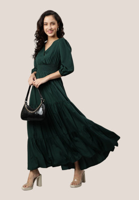 Jash Creation Women Fit and Flare Dark Green Maxi/Full Length Dress