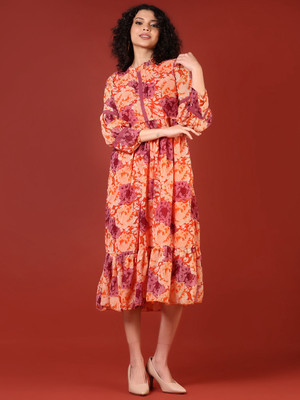 V-MART Women A-line Orange Midi/Calf Length Dress