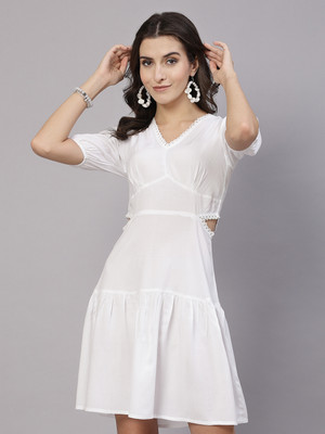 AAYU Women A-line White Above Knee/Mid Thigh Length Dress