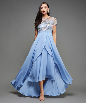 Miss Chase Women Layered Blue Midi/Calf Length Dress