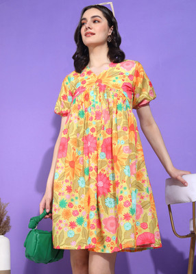 HIVA TRENDZ Women Fit and Flare Yellow Knee Length Dress