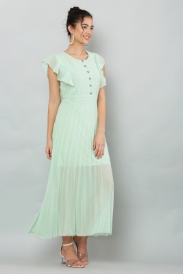 pluckily Women Pleated Light Green Dress