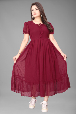 RYKER ENTERPRISE Women A-line Maroon Midi/Calf Length Dress