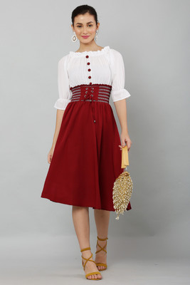 bright nex Women Fit and Flare Maroon, White Knee Length Dress