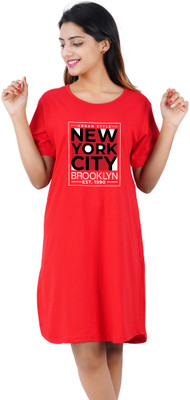 BEFLI Women T Shirt Red Above Knee/Mid Thigh Length Dress